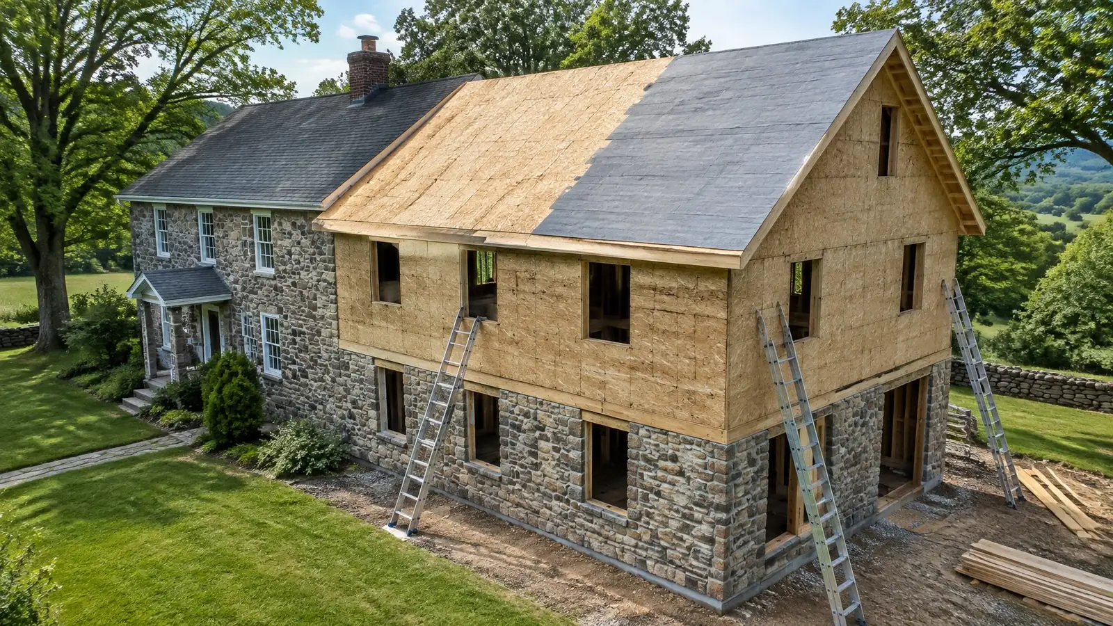 New two-story addition with fresh sheathing partly wrapped in underlayment, attached to an old fieldstone farmhouse