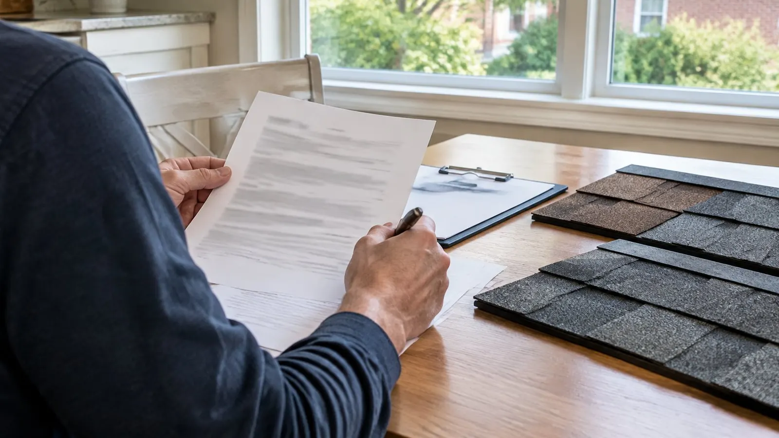 Homeowner seen from behind at a kitchen table reading a multi-page contract, with shingle sample boards beside it