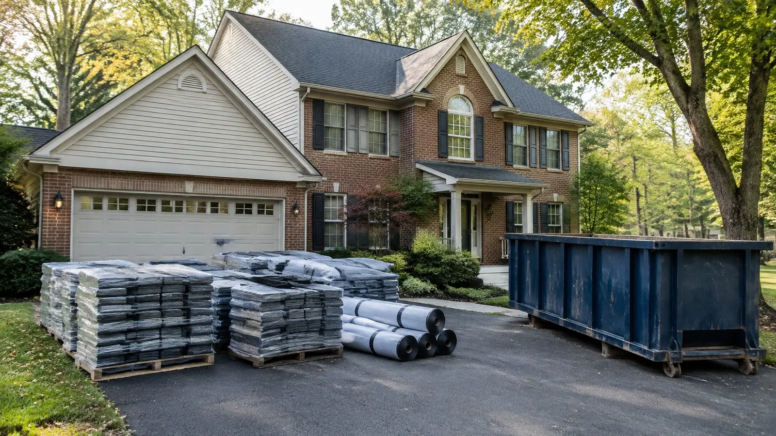 Pallets of shingle bundles, rolls of underlayment and a dumpster in the driveway of a brick and siding house