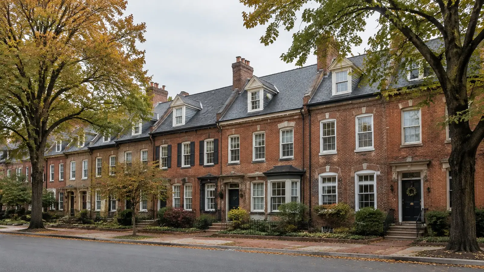 Row of red brick houses with steep gray slate roofs, dormers and chimneys under autumn maples