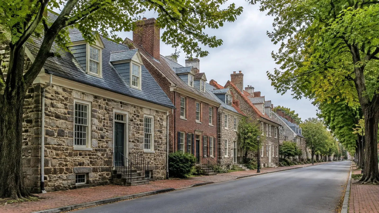 Stone and brick 18th- and 19th-century buildings with steep slate roofs, dormers and chimneys along a brick-sidewalk street