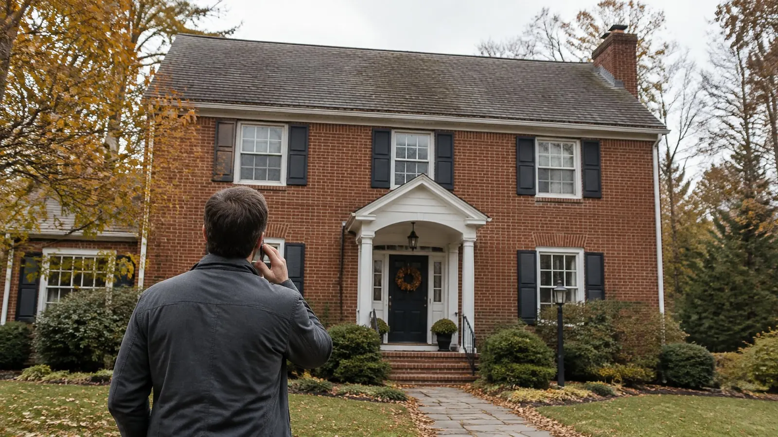 Homeowner seen from behind on the phone, looking up at the worn shingle roof of a red brick colonial