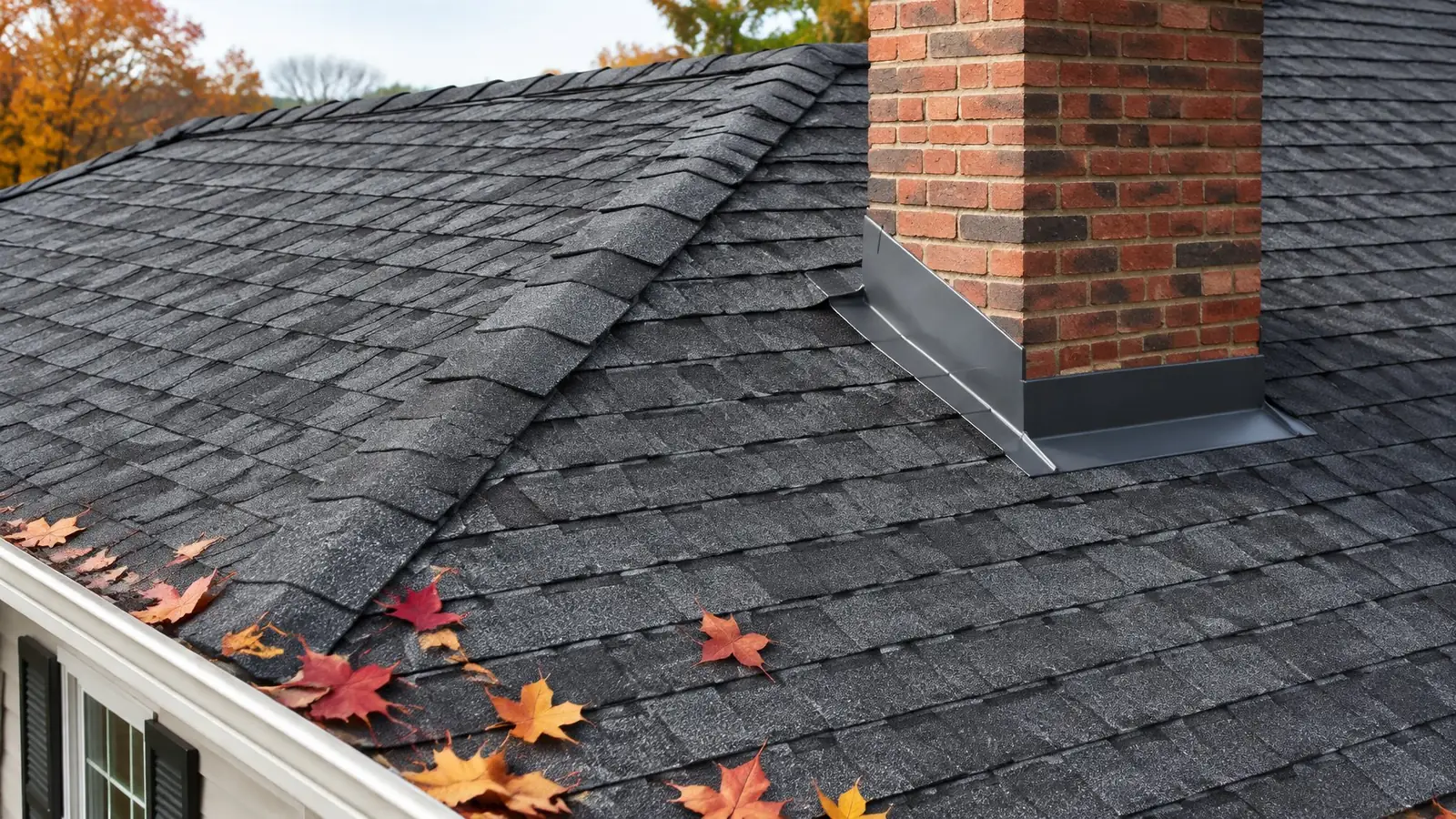 New charcoal architectural shingles with a ridge cap and metal step flashing around a brick chimney, maple leaves on the eave