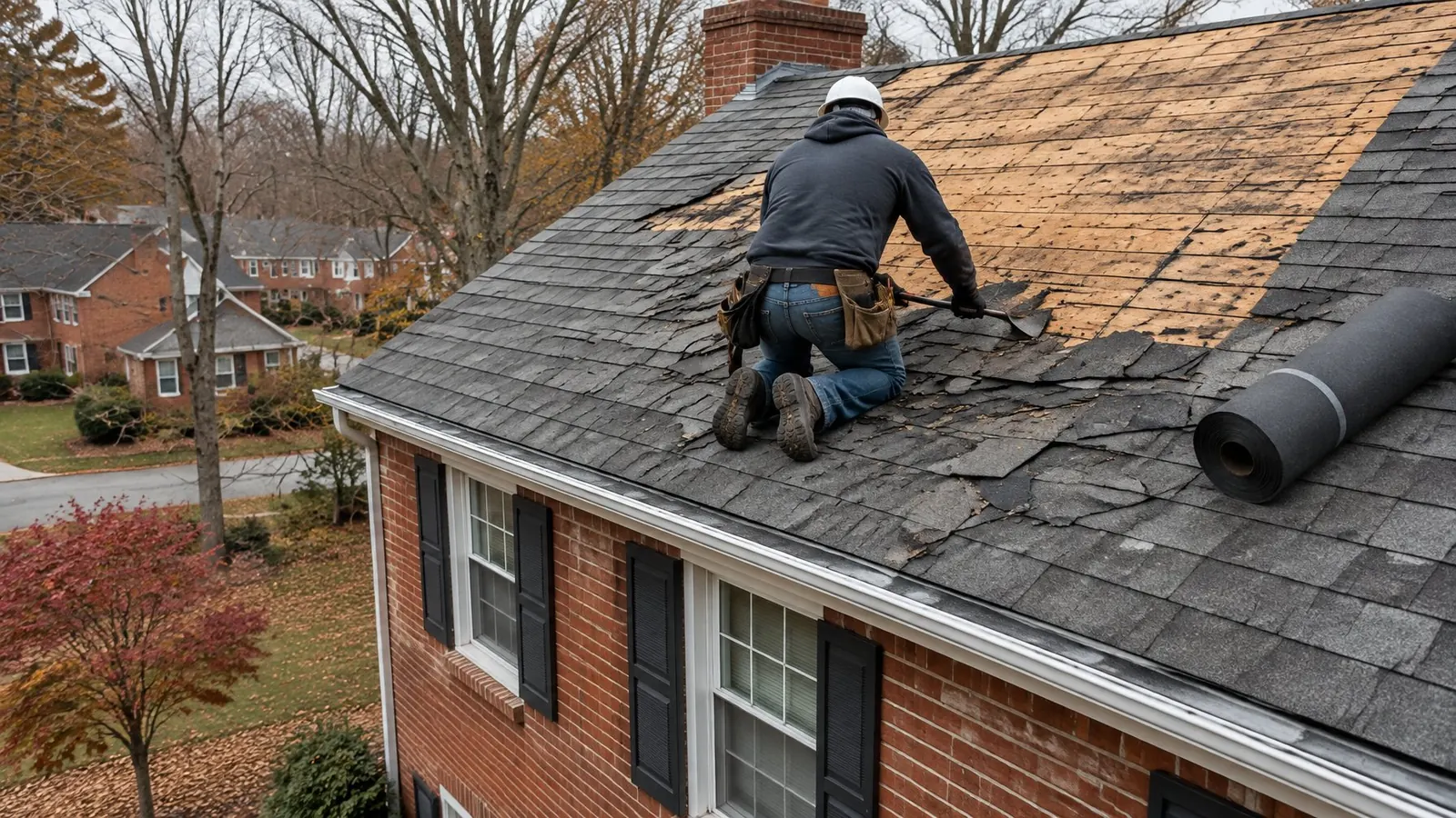 Roofer seen from behind stripping worn shingles down to the wood deck of a brick colonial, a roll of underlayment beside him