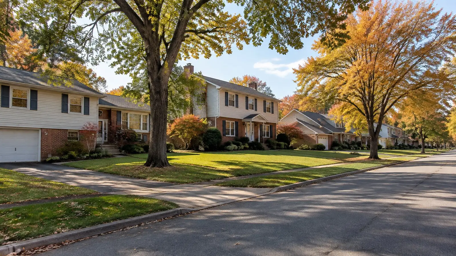 Split-level and two-story colonial homes with asphalt shingle roofs behind wide lawns and maples