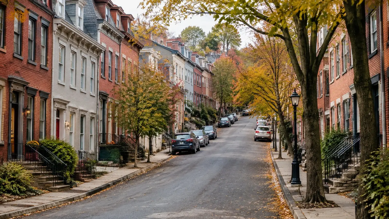 Three-story brick and painted rowhouses with slate and shingle roofs climbing a tree-lined hill street in Easton