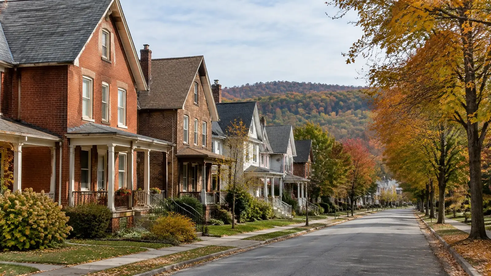 Brick twins and frame houses with porches and steep slate and shingle roofs on a Hellertown street