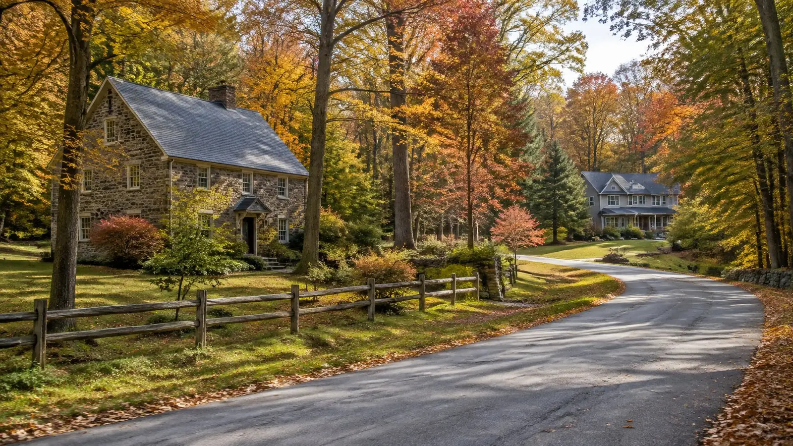 Fieldstone farmhouse with a slate roof and a newer home on wooded lots along a winding country road