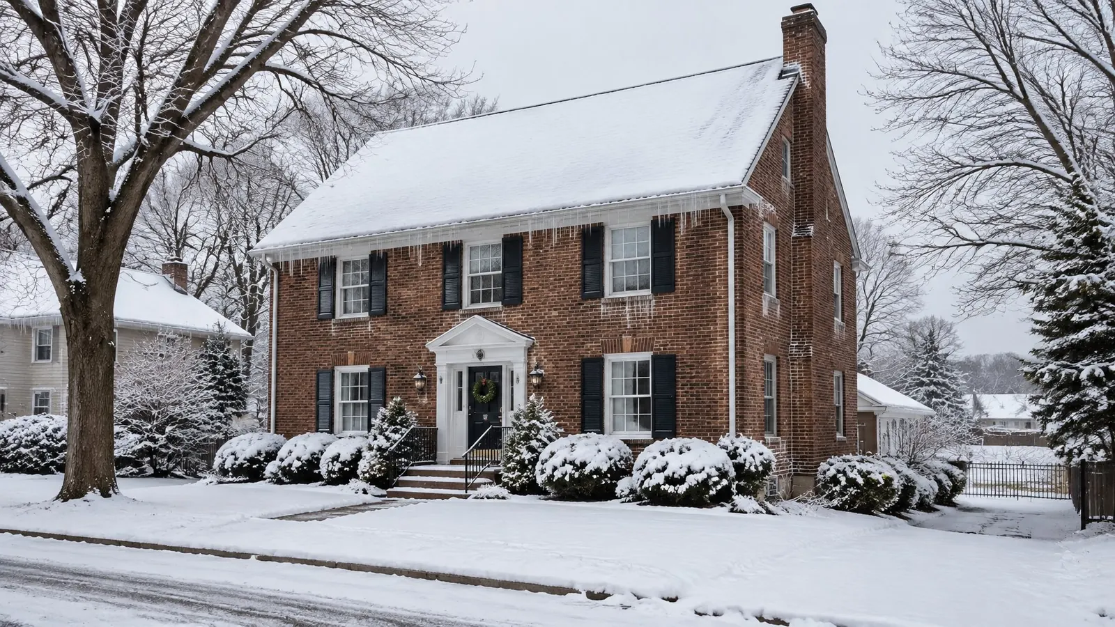 Snow-covered shingle roof of a two-story brick colonial with icicles along the gutters and bare trees
