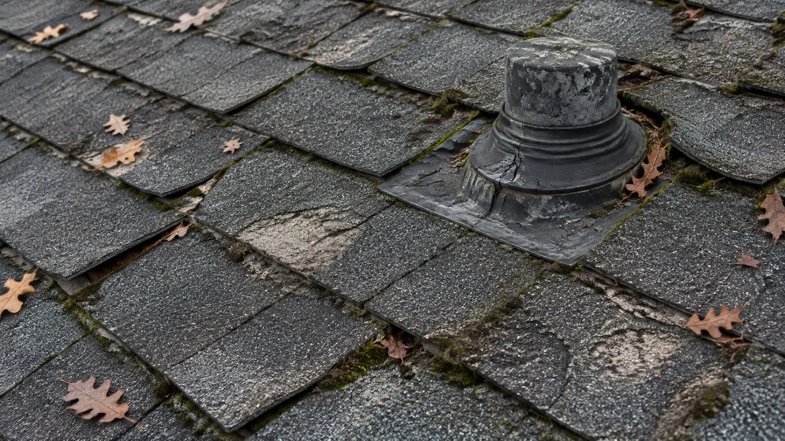 Close-up of curled, cracked asphalt shingles with bare patches, moss in the gaps and a worn vent boot